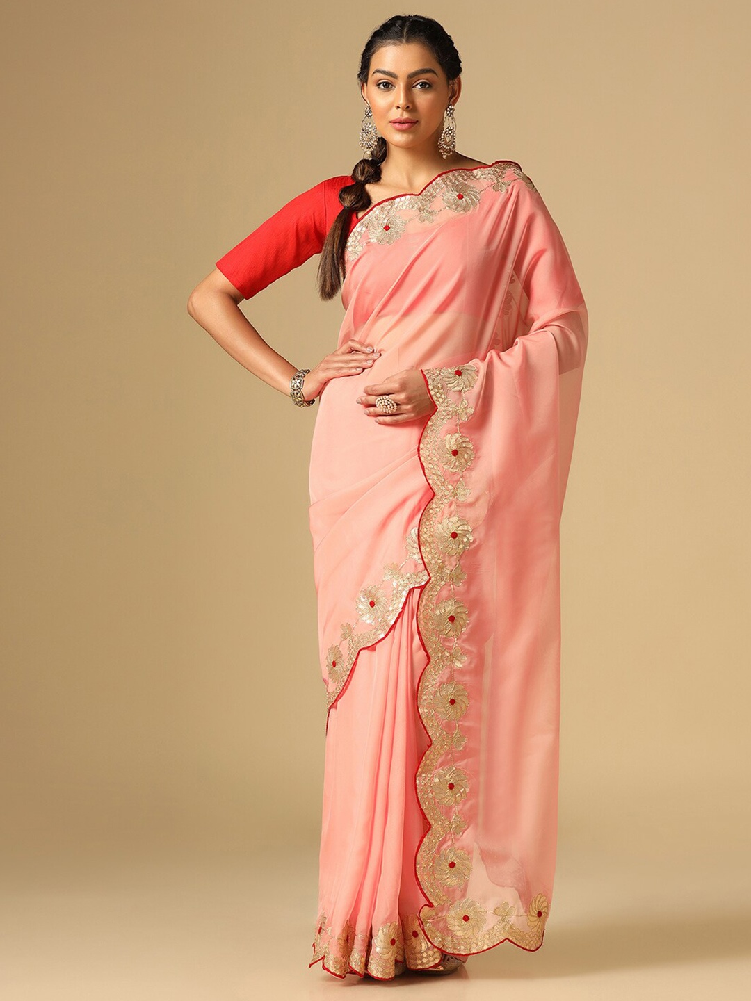 

Satrani Gotapatti Embroiderered Bordered Saree, Peach