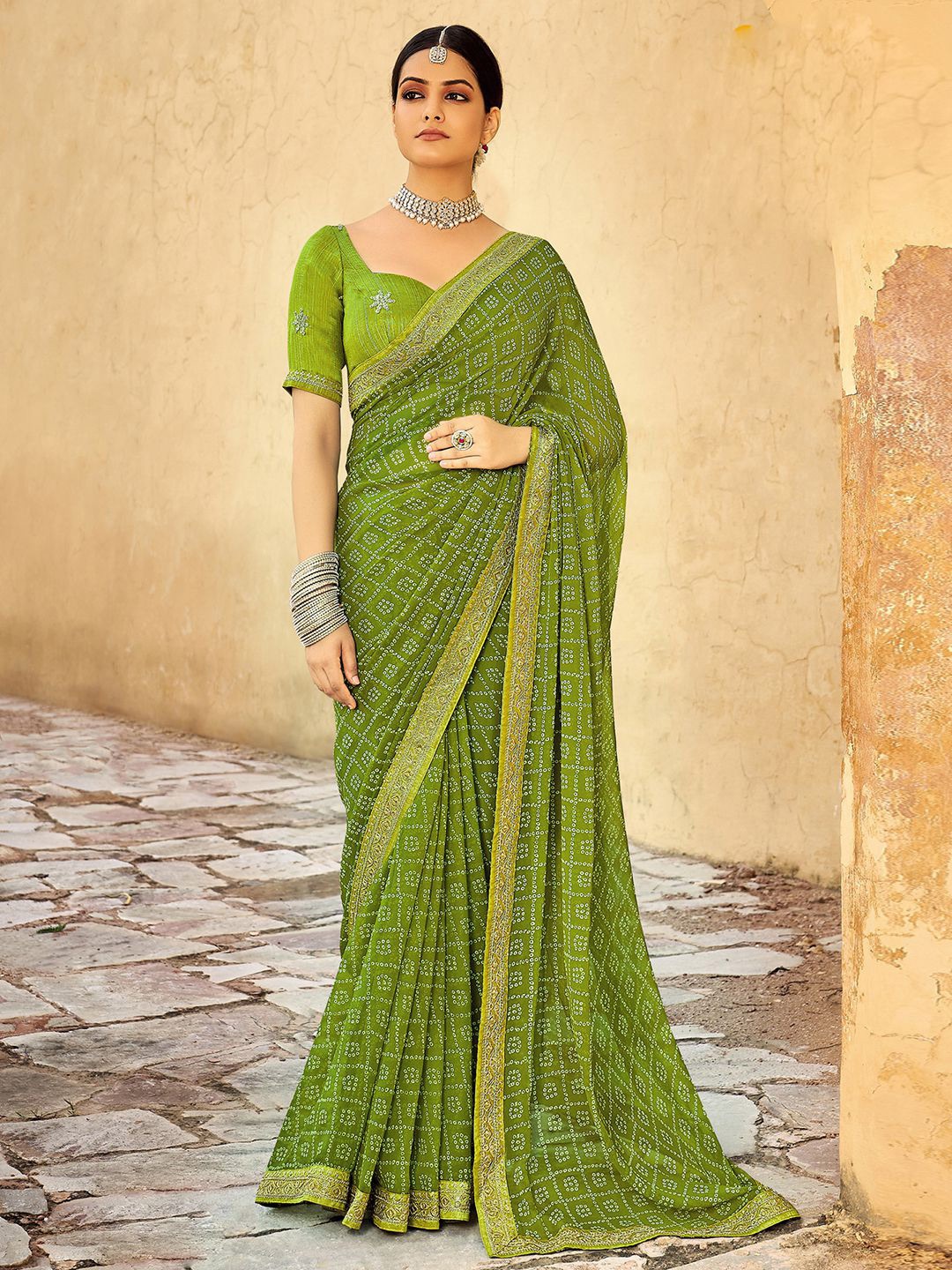 

Satrani Bandhani Printed & Embroidered Saree, Olive