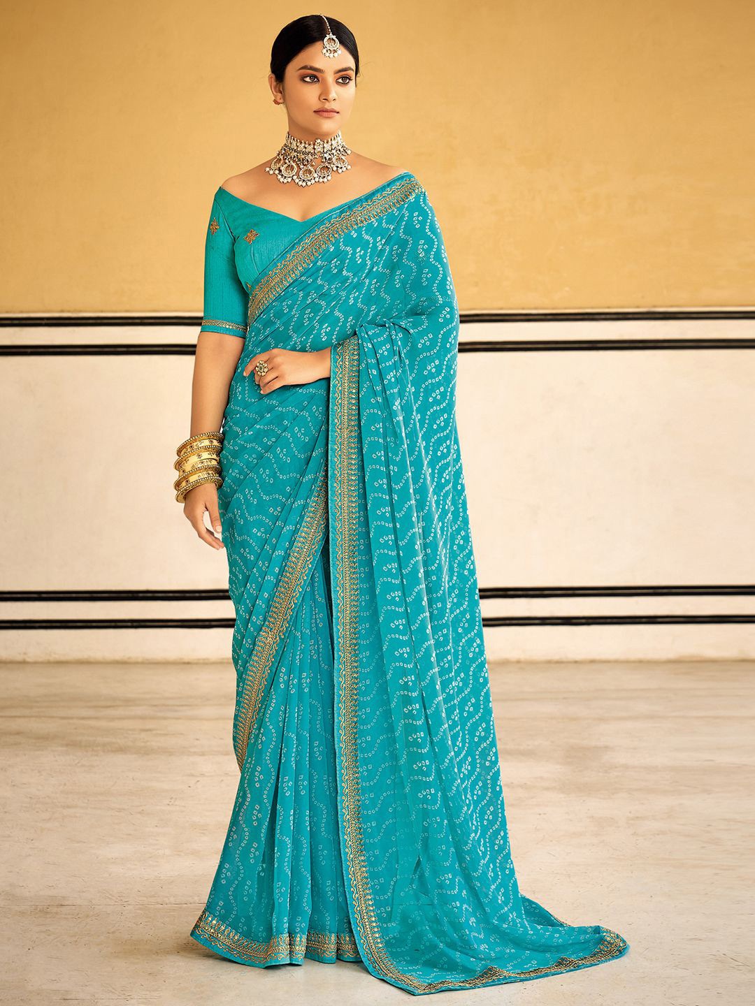 

Satrani Bandhani Printed & Embroidered Saree, Turquoise blue
