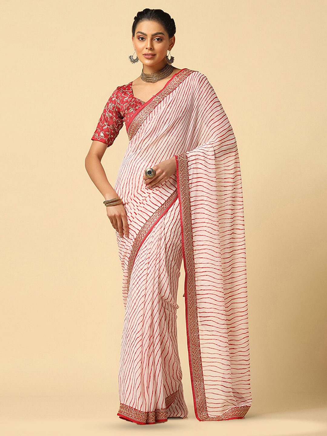 

Satrani Leheriya Printed Saree, White