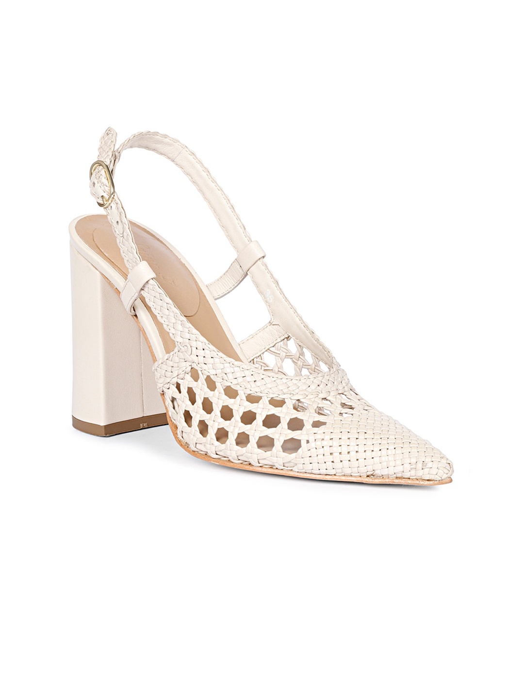 

Saint G Textured Pointed Toe Leather Block Heel Mules, Off white
