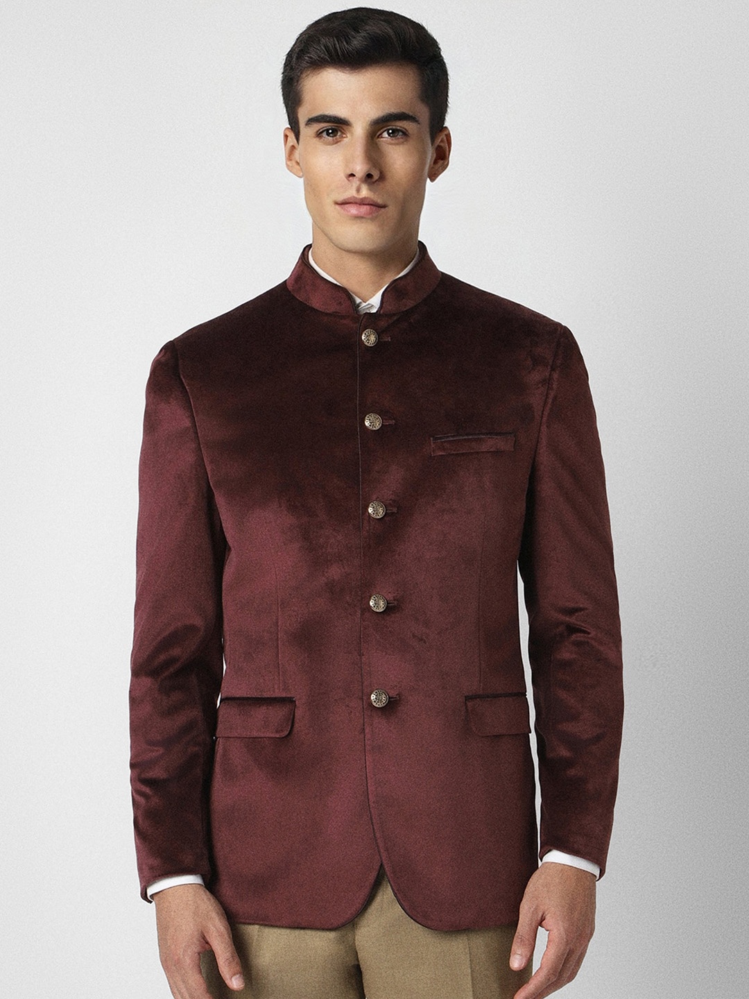 

V Dot Mandarin Collar Long Sleeve Bandhgala Slim Fit Party Blazer, Maroon