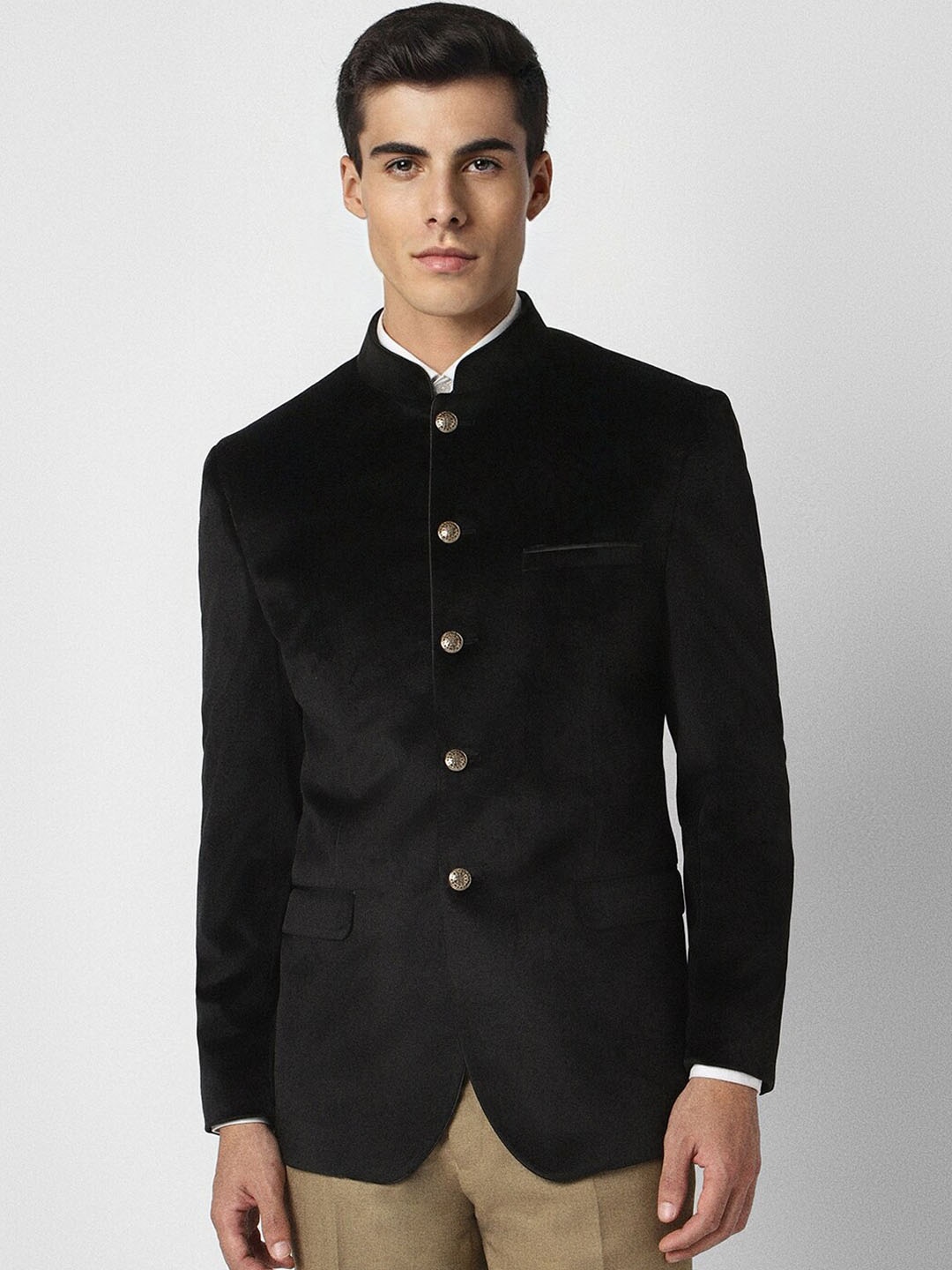 

V Dot Mandarin Collar Long Sleeve Bandhgala Slim Fit Party Blazer, Black