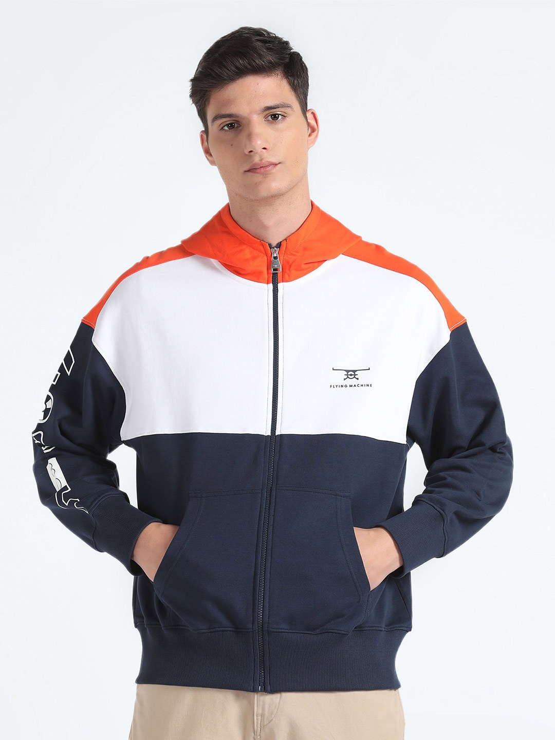 

Flying Machine Colourblocked Hooded Front Open Pure Cotton Sweatshirt, Navy blue