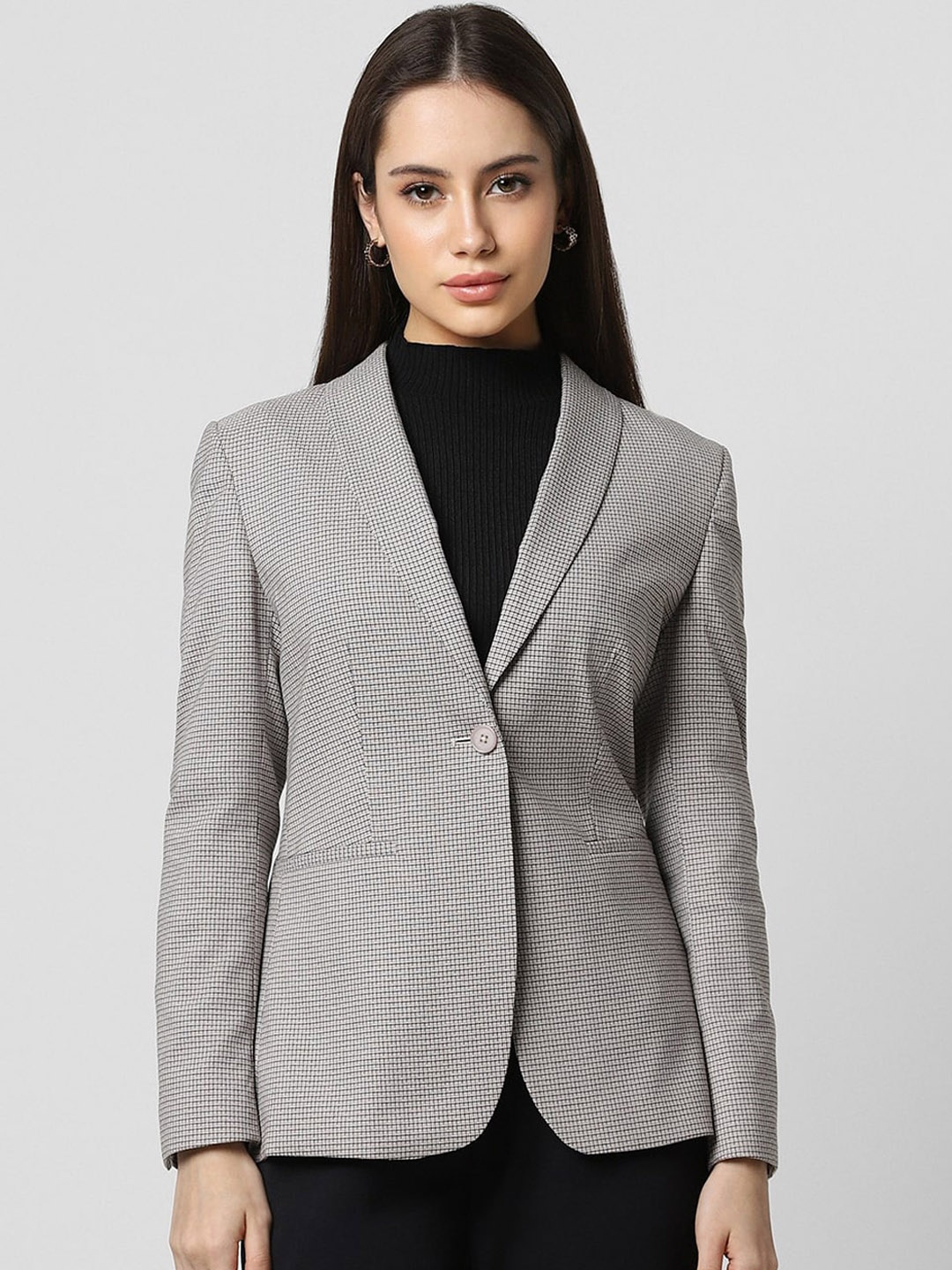 

Van Heusen Woman Checked Notched Lapel Long Sleeves Regular Fit Single Breasted Blazer, Grey