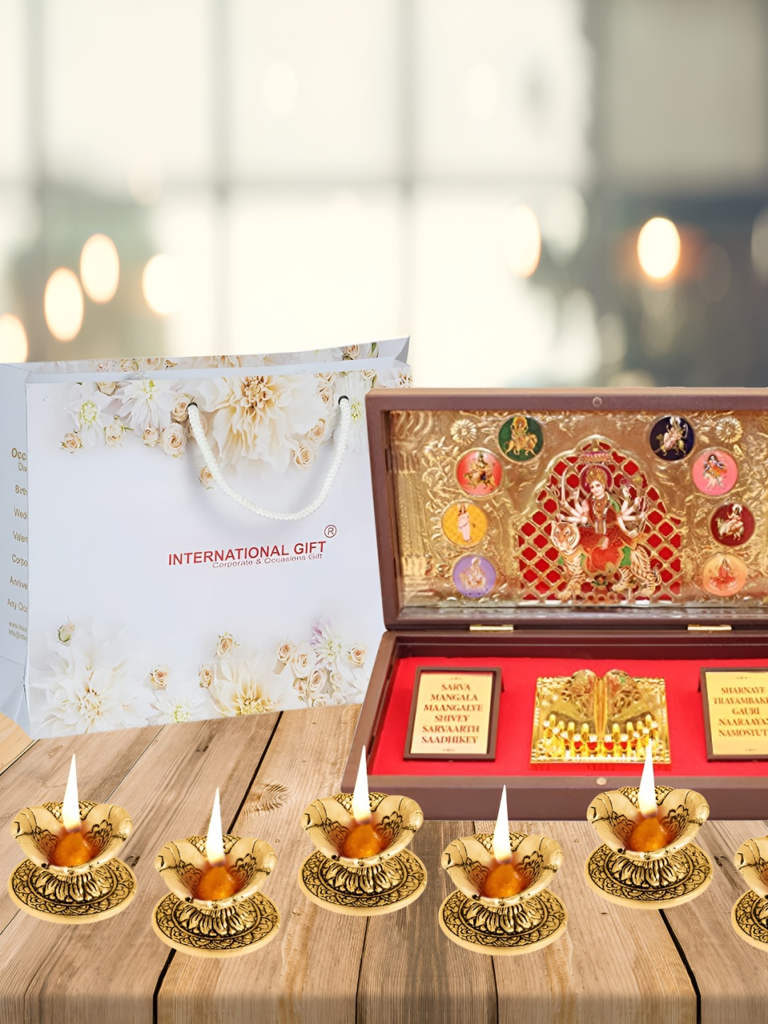 

INTERNATIONAL GIFT 24 KT Gold Durga Maa God Idol & 6 Pieces Diyas Gift Set