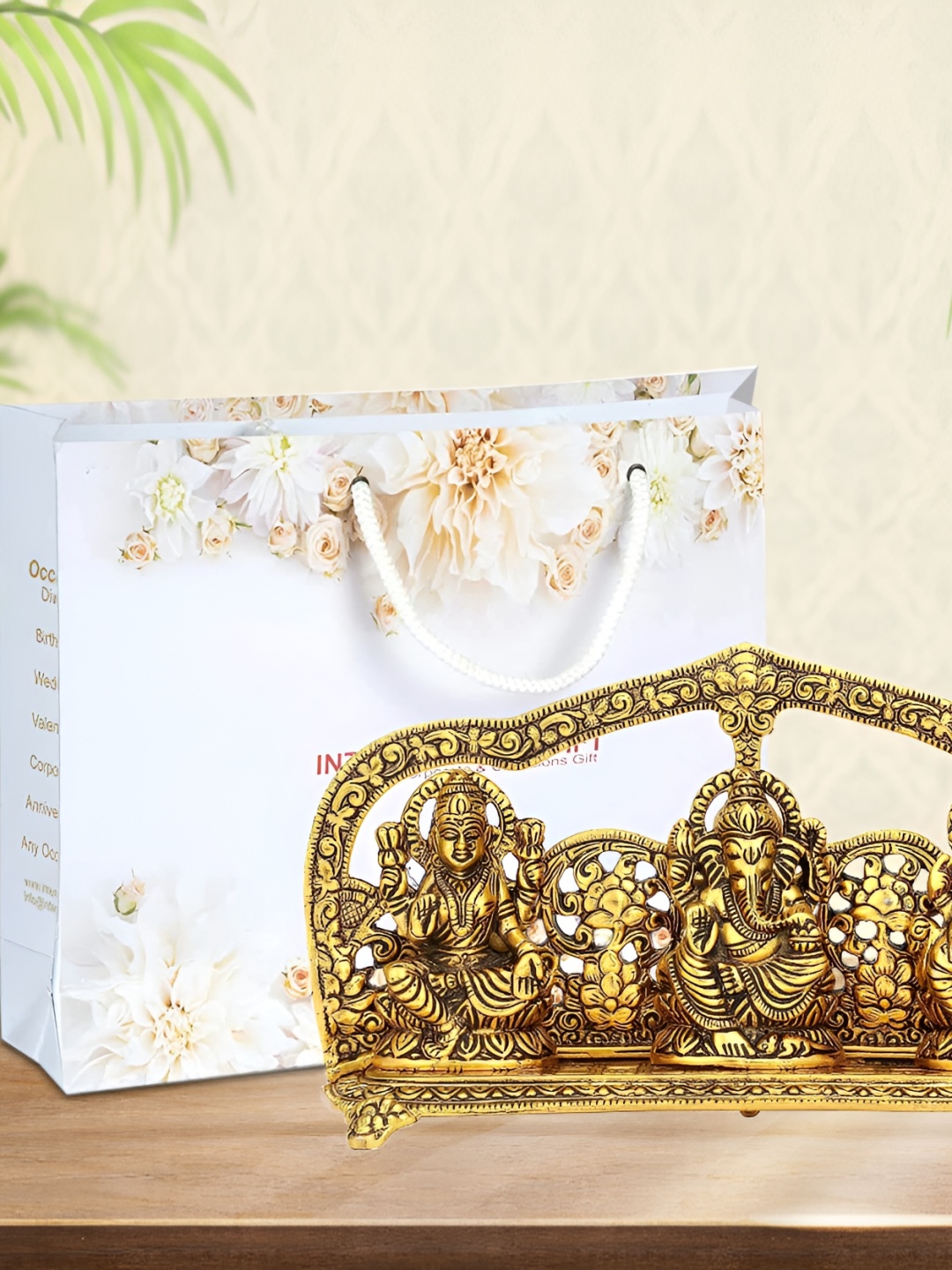 

INTERNATIONAL GIFT Gold toned Religious Brass Laxmi Ganesh Saraswati God Idol
