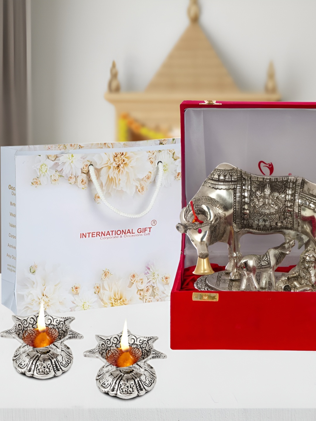 

INTERNATIONAL GIFT Silver 3 Pieces Kamdhenu Cow With Calf Statue Figurine With Jyot