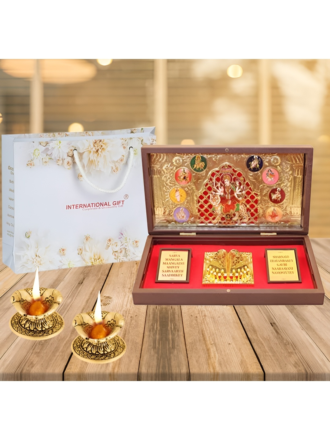 

INTERNATIONAL GIFT Metallic toned Durga Maa God Idol With Charan Paduka & 2 Diya Gift Set, Gold