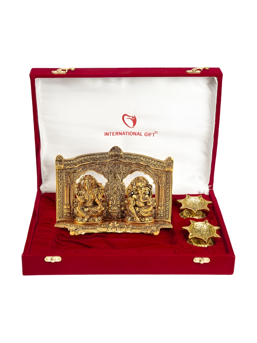 

INTERNATIONAL GIFT Gold Toned 3 Pieces Laxmi Ganesh God Idol With Diya Gift Set, Brown