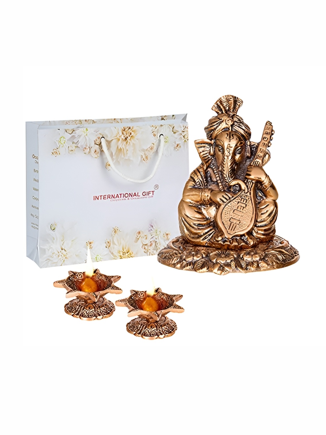 

INTERNATIONAL GIFT Brown 3 Pieces Ganesh Statue With Diya Gift Set