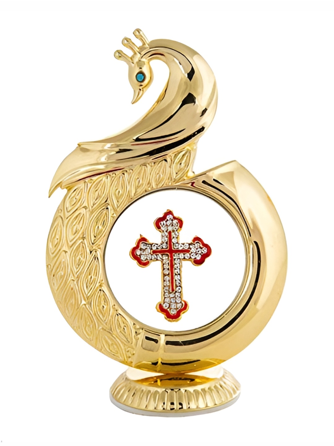 

INTERNATIONAL GIFT Gold Toned & Red Brass Peacock Shape Jesus Idol Showpiece