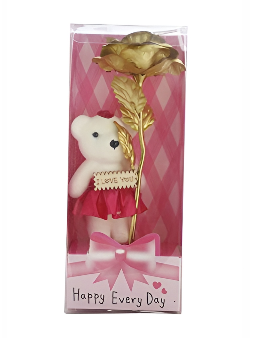 

INTERNATIONAL GIFT Gold Toned & Pink Brass Rose With Teddy