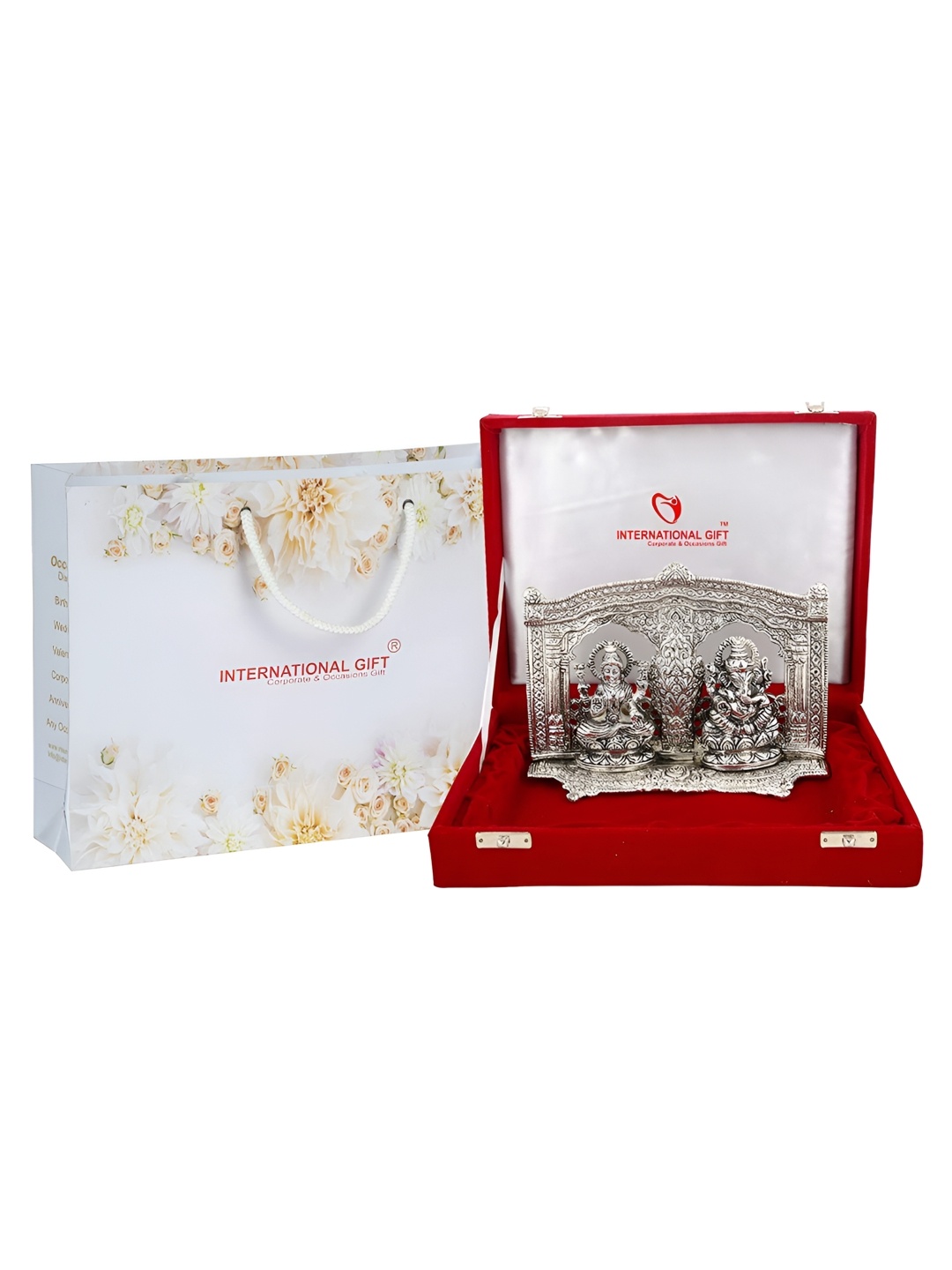 

INTERNATIONAL GIFT Silver Plated Laxmi Ganesh God Idol Statue With Velvet Box Gift Set