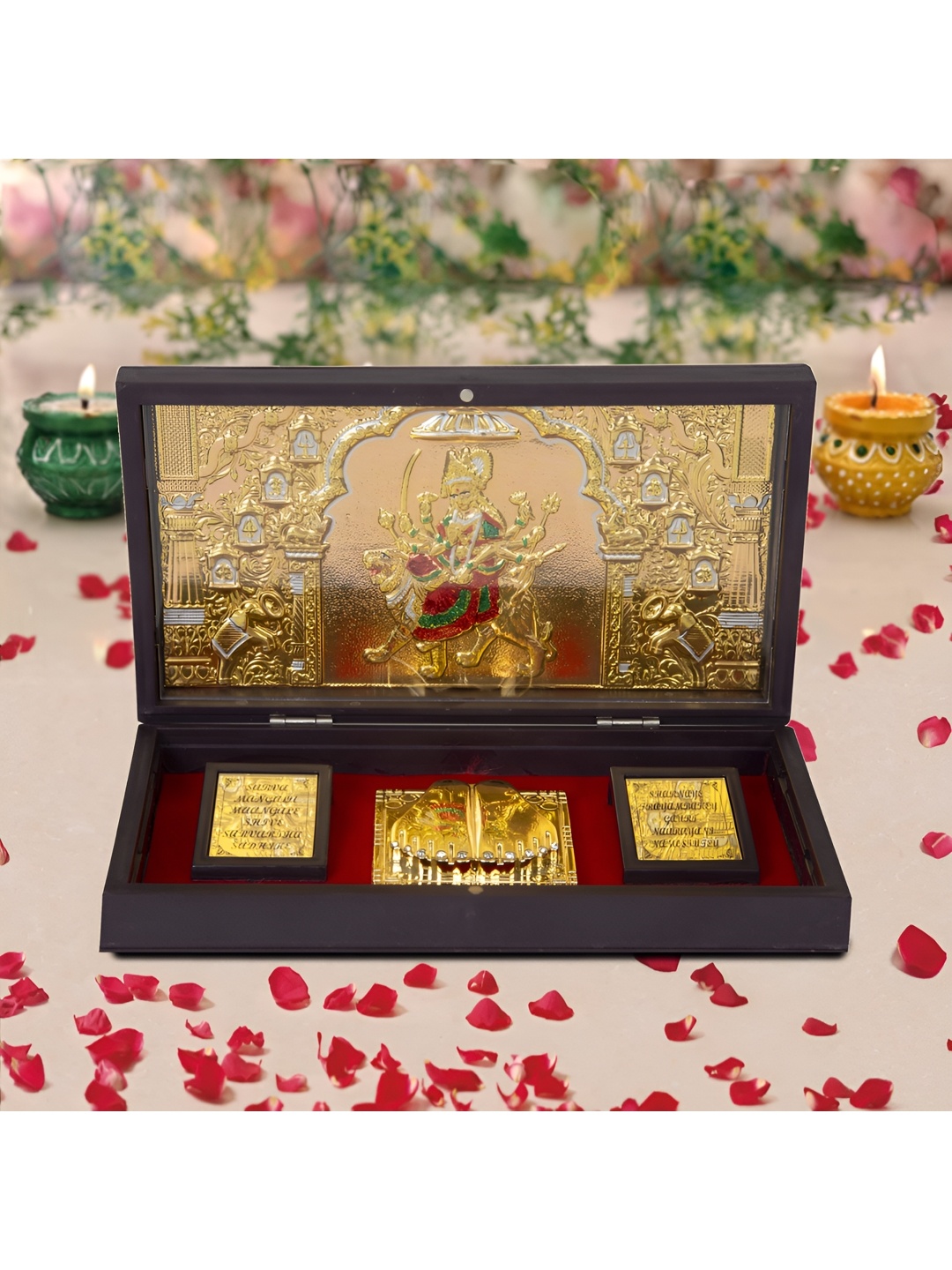 

INTERNATIONAL GIFT 2-Pcs Gold-toned Durga Maa With Charan Paduka