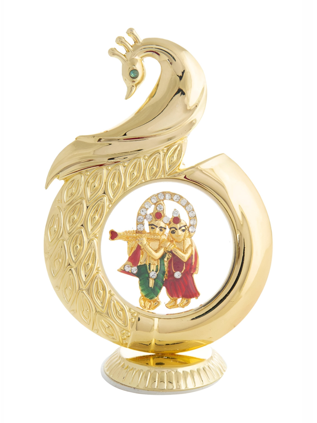 

INTERNATIONAL GIFT Gold toned & Pink Peacock Shape Radha Krishna Idol Car Dashboard Showpiece
