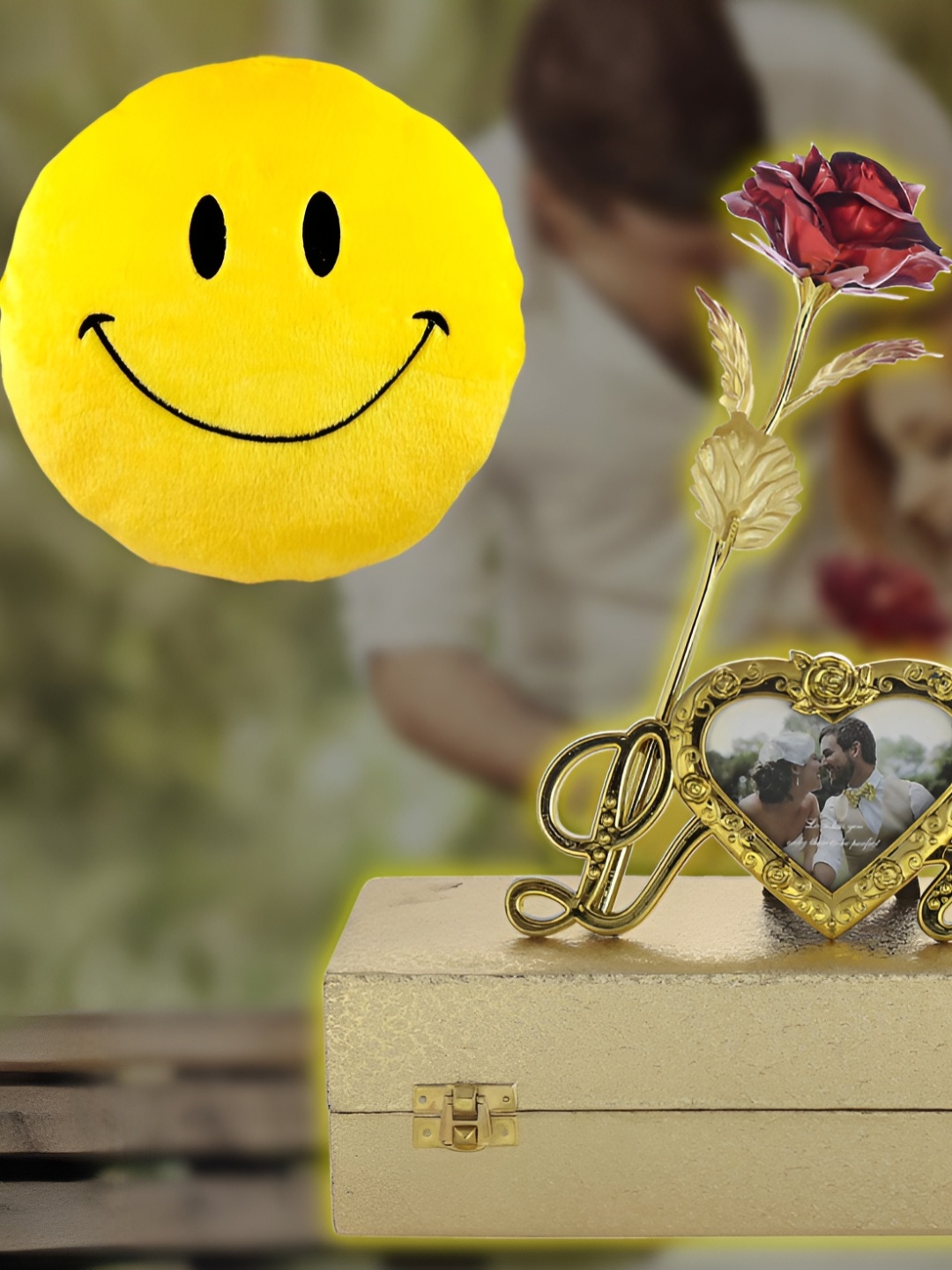 

INTERNATIONAL GIFT Gold Rose Flower With Photo Frame Stand & Luxury Gift Box, Red