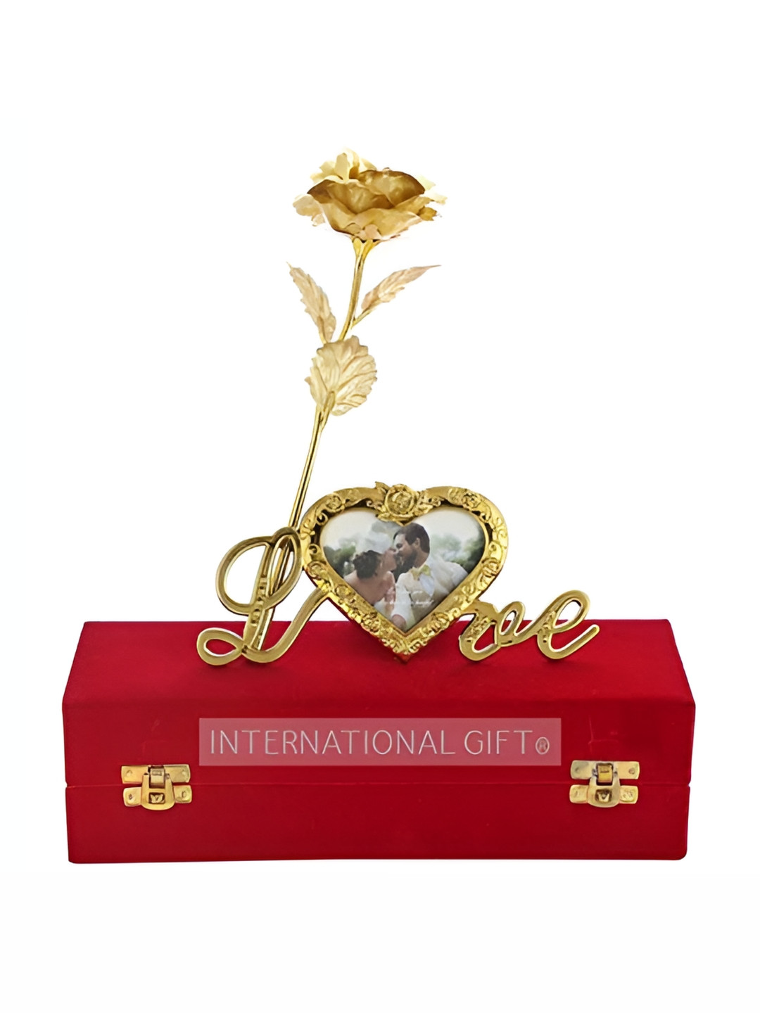 

INTERNATIONAL GIFT Gold Toned Plastic Rose Flower With Leaf With Heart Photo Frame