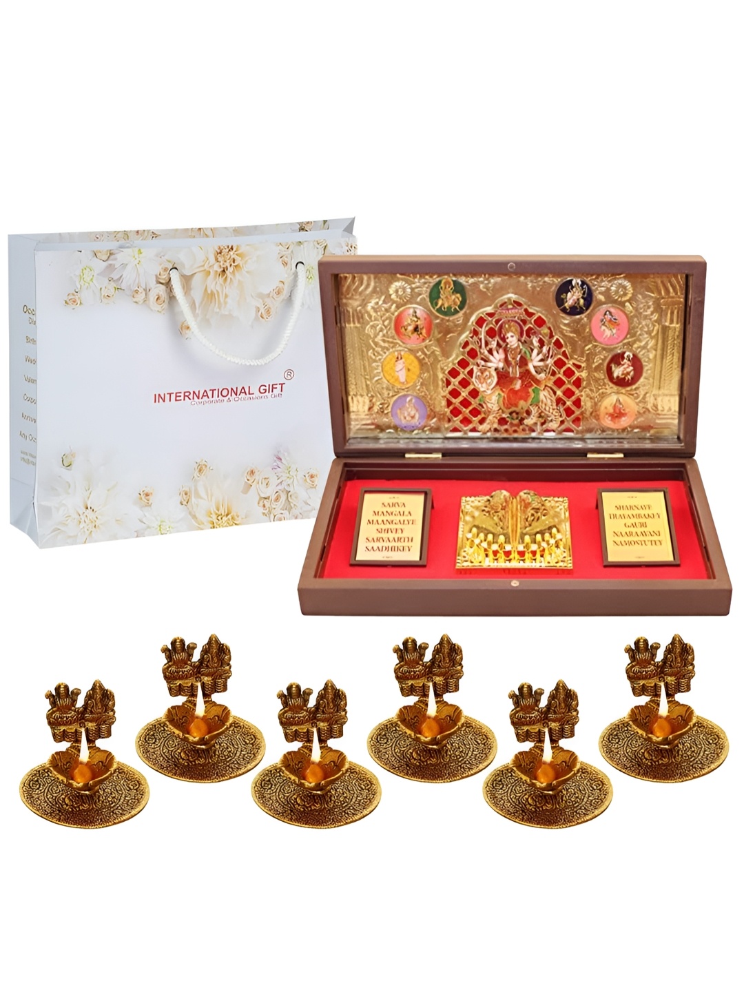 

INTERNATIONAL GIFT Gold Toned 8 Pieces Durga Maa God Idol With Charan Paduka & Diyas
