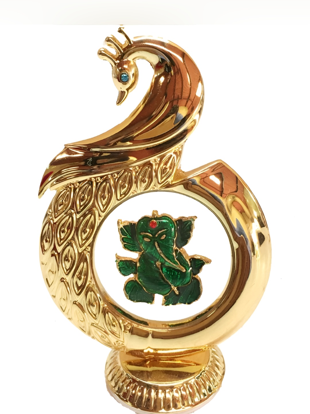 

INTERNATIONAL GIFT Gold toned & Green Peacock Metal Shape Ganesh Idol Showpiece