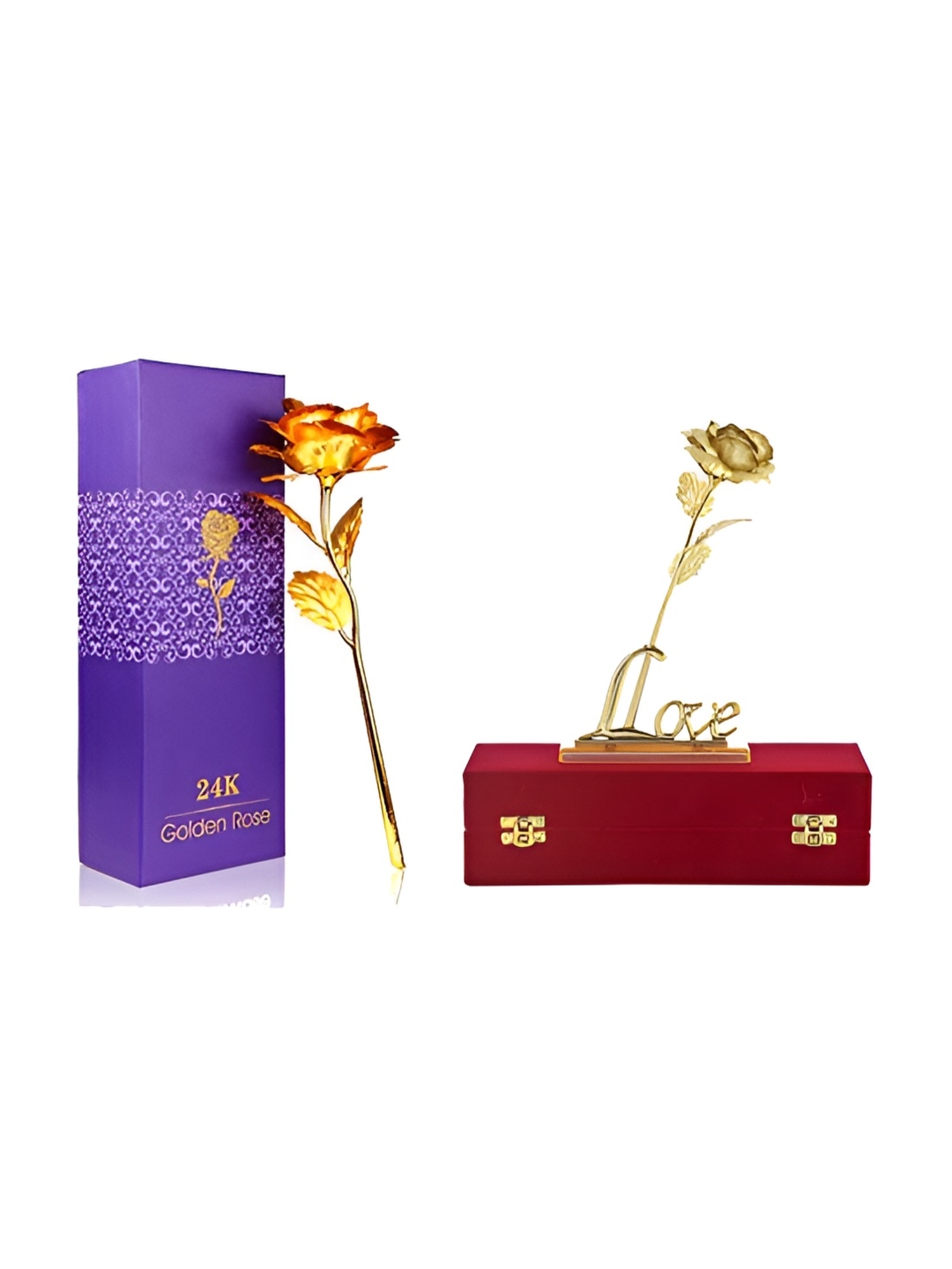

INTERNATIONAL GIFT Gold Toned 3Pcs Artificial Rose Flowers Valentines Home Gift Set