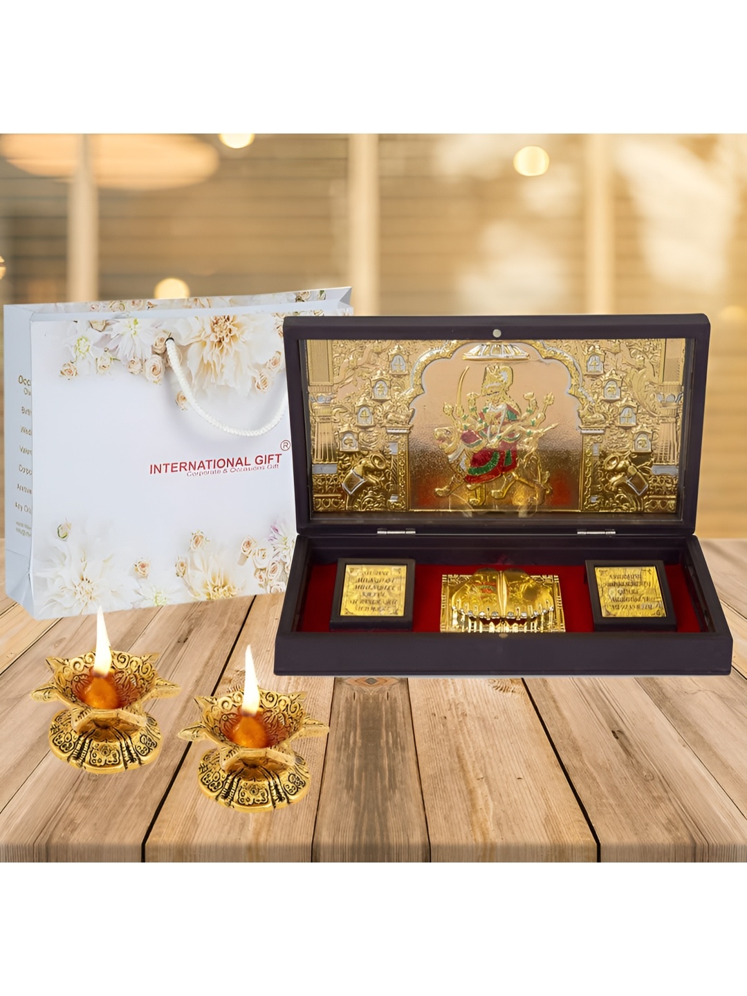 

INTERNATIONAL GIFT Gold Toned 24 Karat Durga Maa With Charan Paduka With Jyot Gift Sets