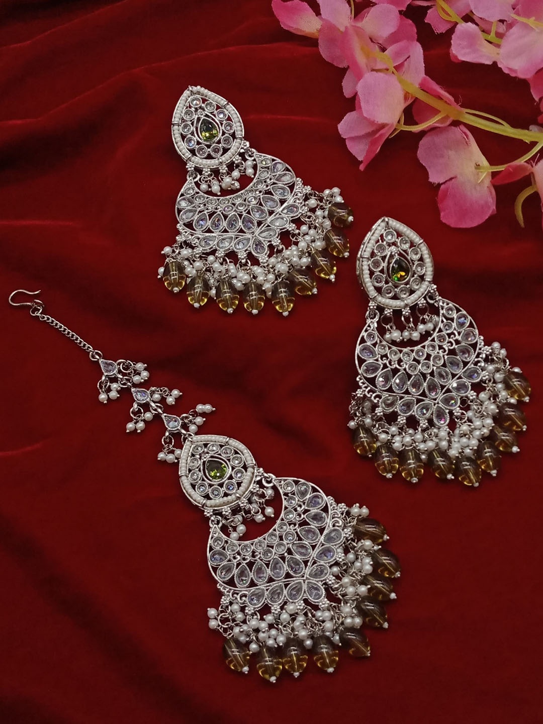 

AASHISH IMITATION Rhodium-Plated American Diamond & Beaded Jewellery Set, Silver