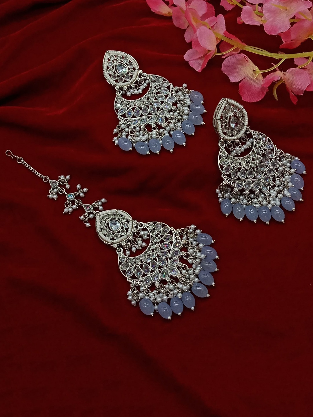 

AASHISH IMITATION Rhodium-Plated American Diamond & Beaded Jewellery Set, Silver