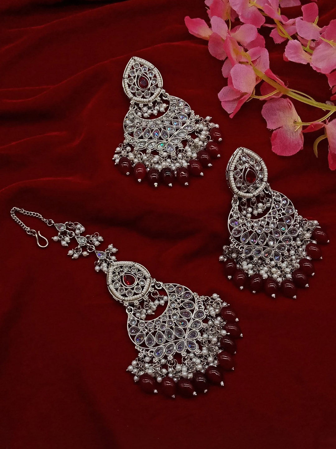 

AASHISH IMITATION Rhodium-Plated American Diamond & Beaded Jewellery Set, Silver