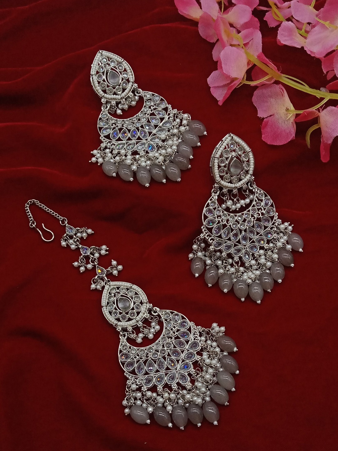 

AASHISH IMITATION Rhodium-Plated American Diamond Studded Jewellery Set, Grey