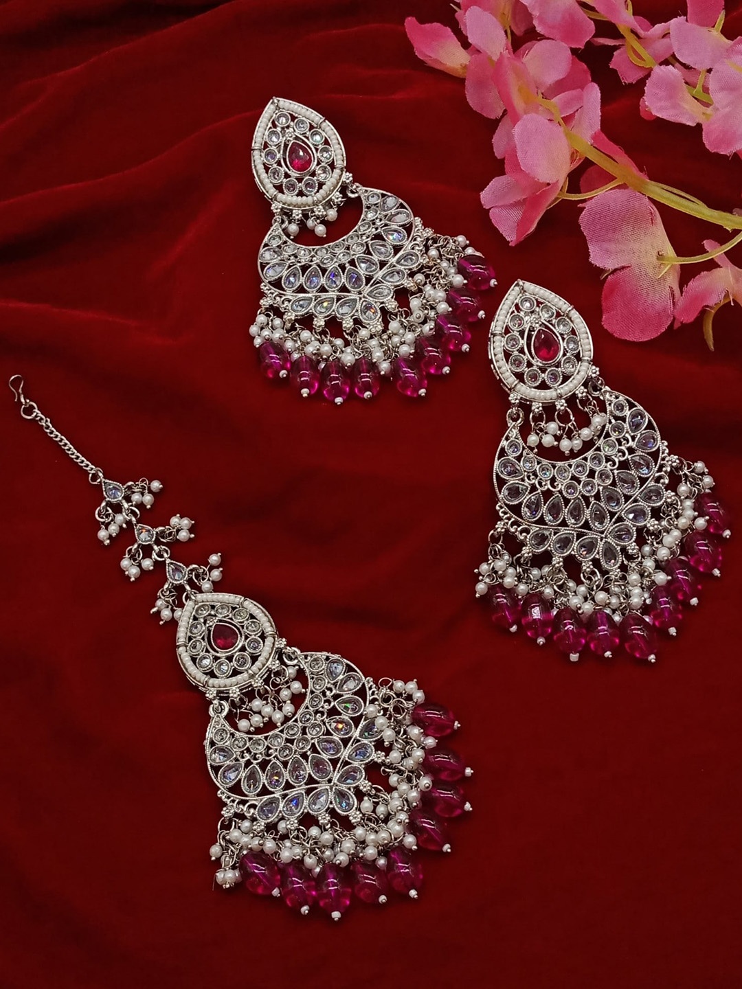 

AASHISH IMITATION Rhodium-Plated Maang Tika and Earrings, Silver