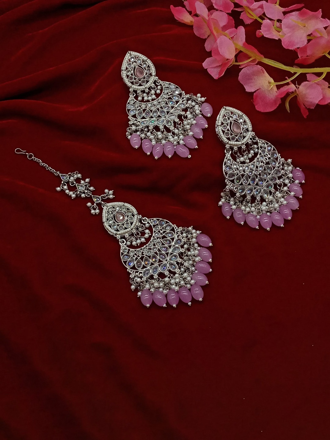 

AASHISH IMITATION Rhodium-Plated Maang Tika and Earrings, Silver