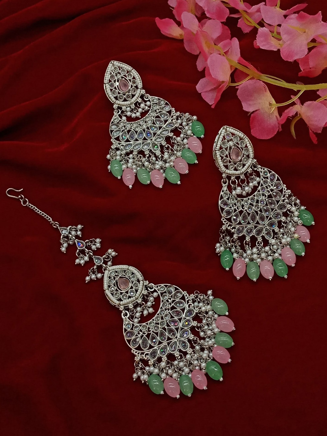 

AASHISH IMITATION Rhodium-Plated Maang Tika and Earrings, Silver