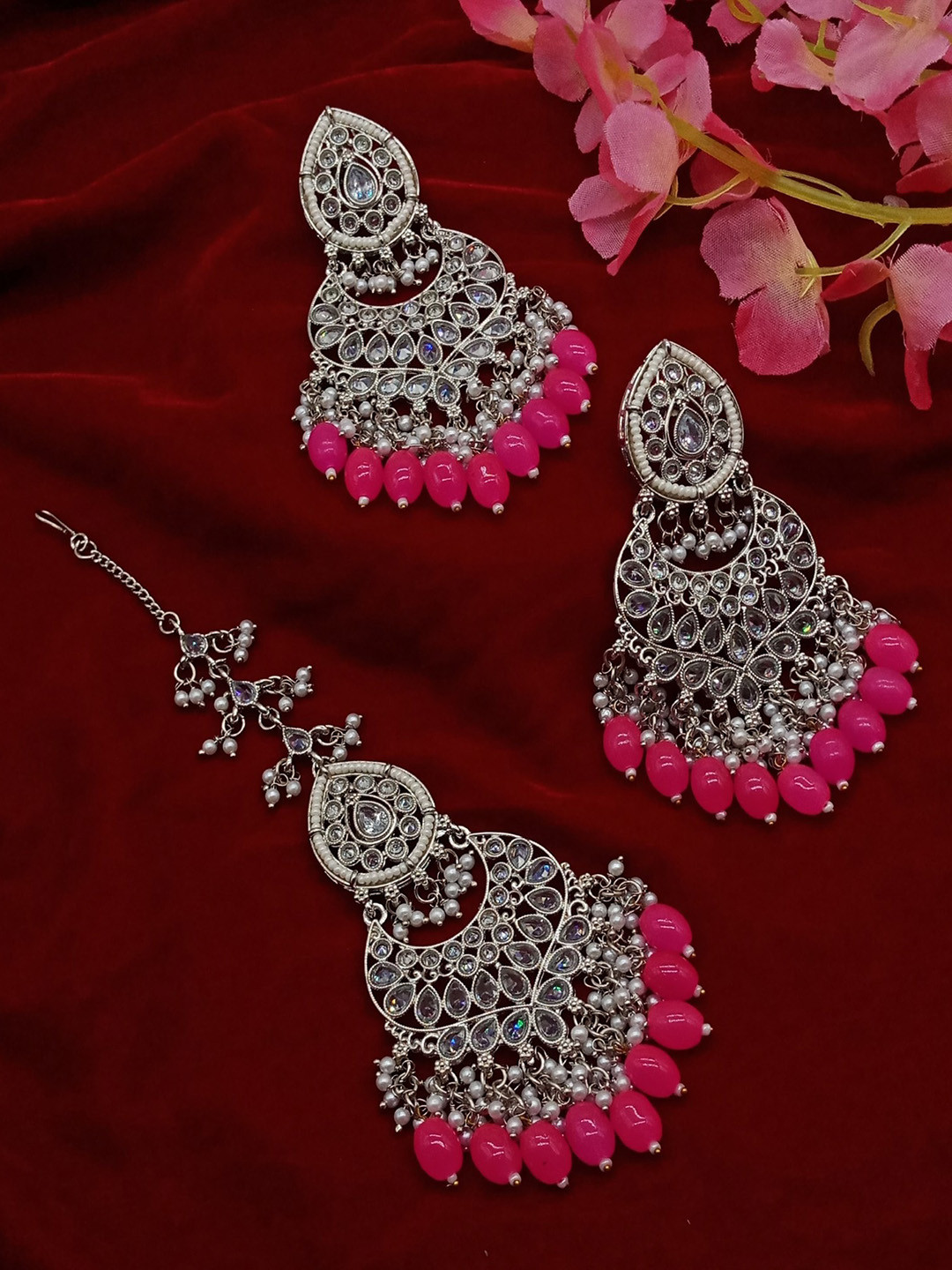 

AASHISH IMITATION Rhodium-Plated Maang Tika and Earrings, Silver