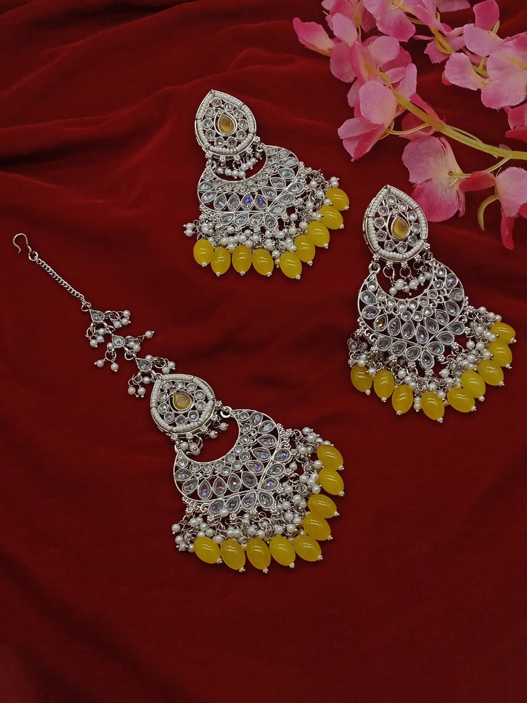 

AASHISH IMITATION Rhodium-Plated Maang Tika and Earrings, Silver