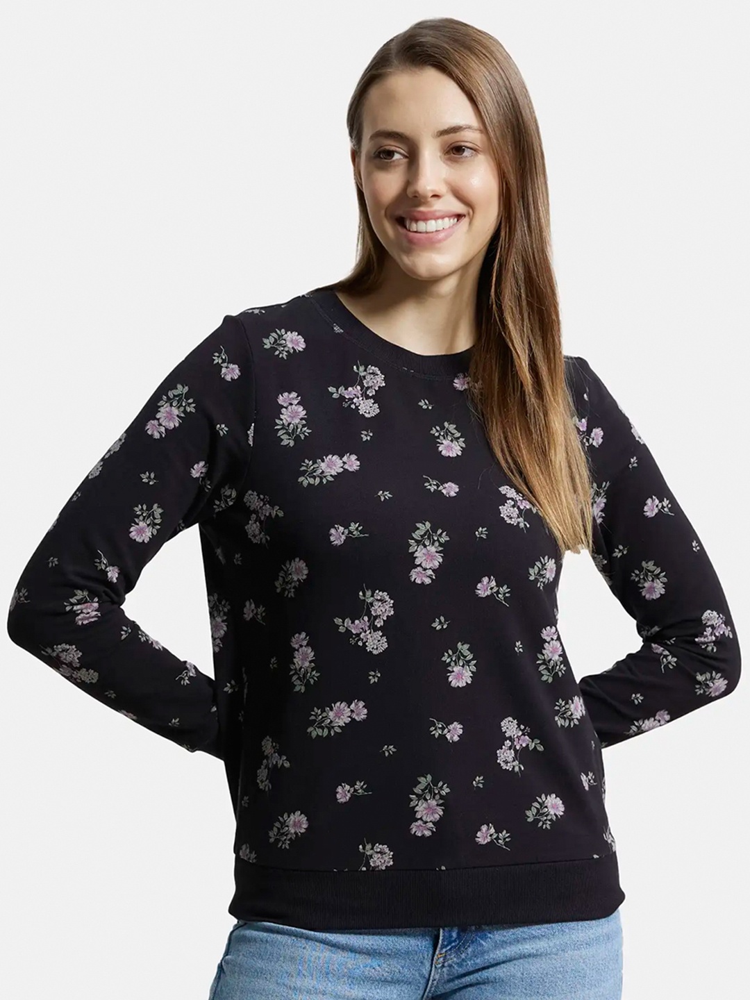 

Jockey Super Combed Cotton French Terry Fabric Printed Sweatshirt with Ribbed Cuffs-AW68, Black