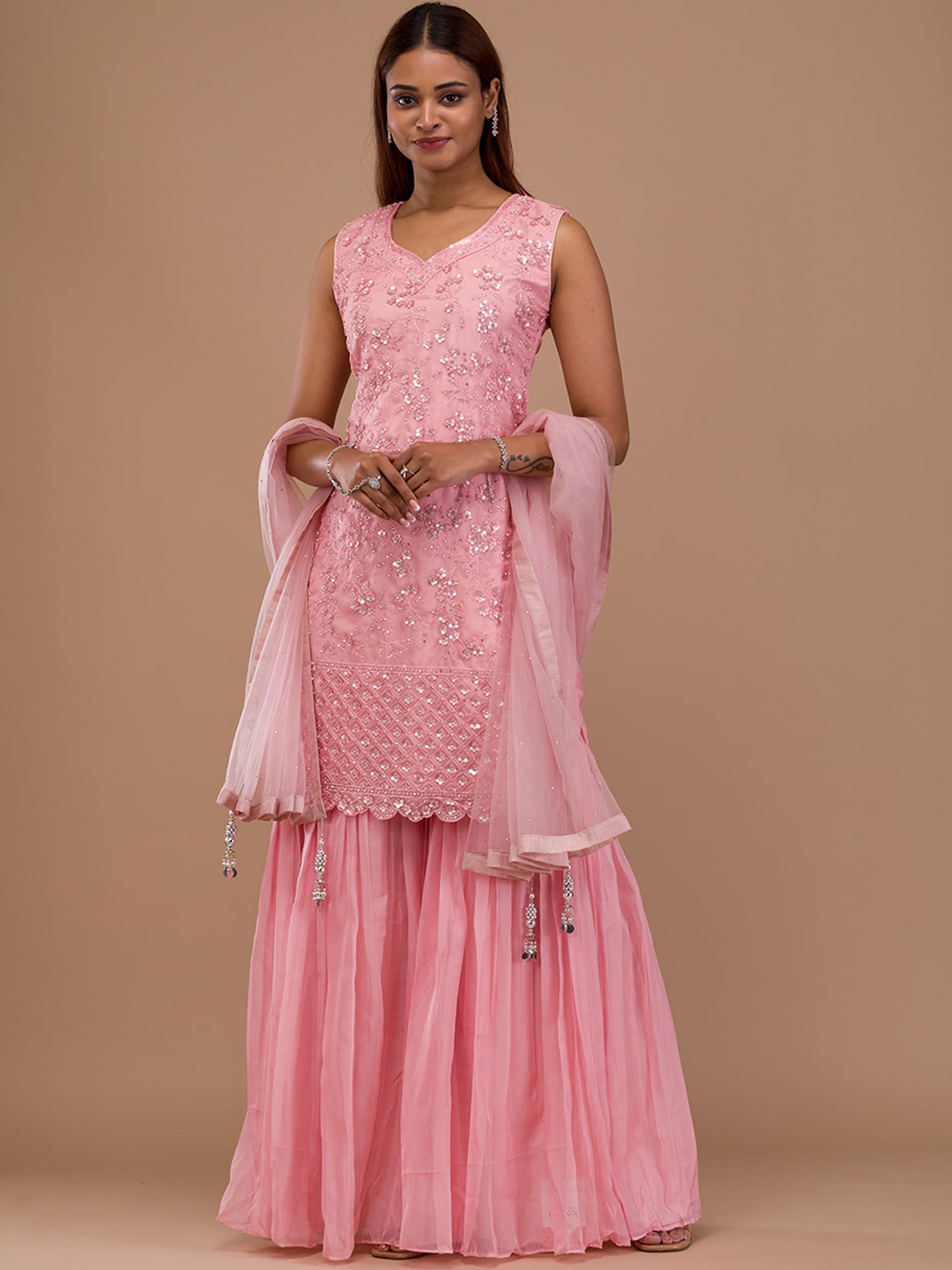 

Koskii Floral Embroidered Regular Sequinned Tissue Kurta with Sharara & Dupatta, Pink
