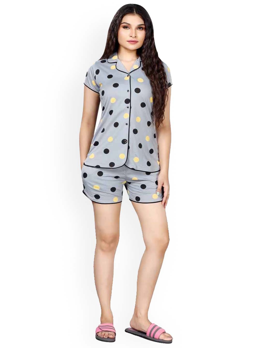 

Foxy Polka Dots Printed Pure Cotton Night Suit, Grey