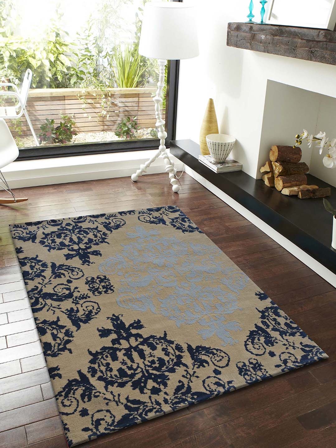

PRESTO Beige & Navy Blue Ethnic Motifs Traditional No Shredding Carpet