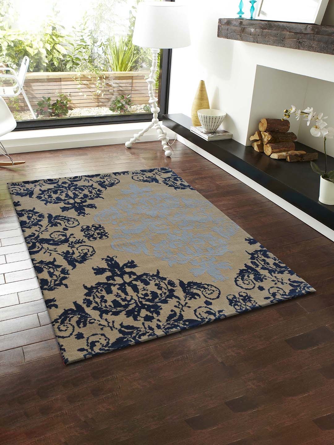 

PRESTO Beige & Navy Blue Ethnic Motifs Traditional No Shredding Carpet
