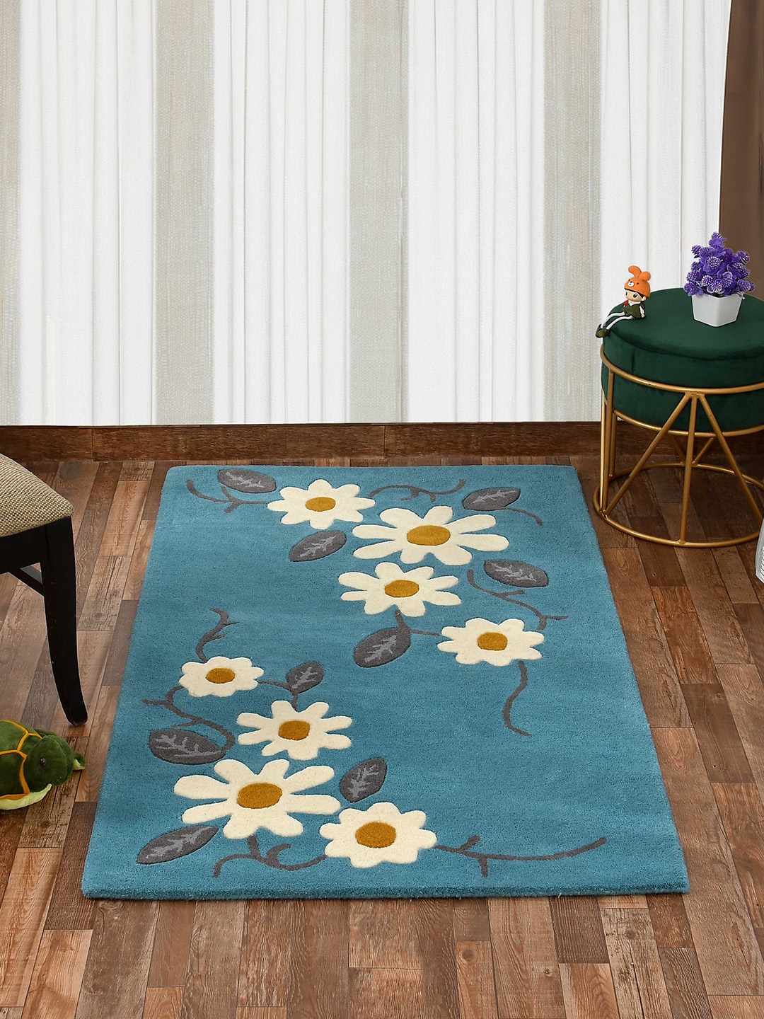 

PRESTO Blue & White Floral Hand-Tufted Wool Rectangular Floor Carpet