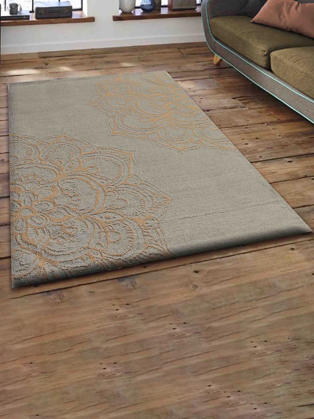 

PRESTO Grey Ethnic Printed Rectangular Carpet, Gold