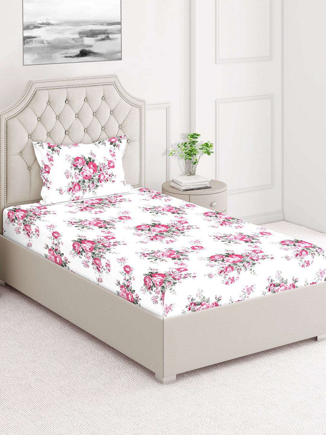 

Layers Firenze White & Pink Floral 144 TC Single Bedsheet with Pillow Cover