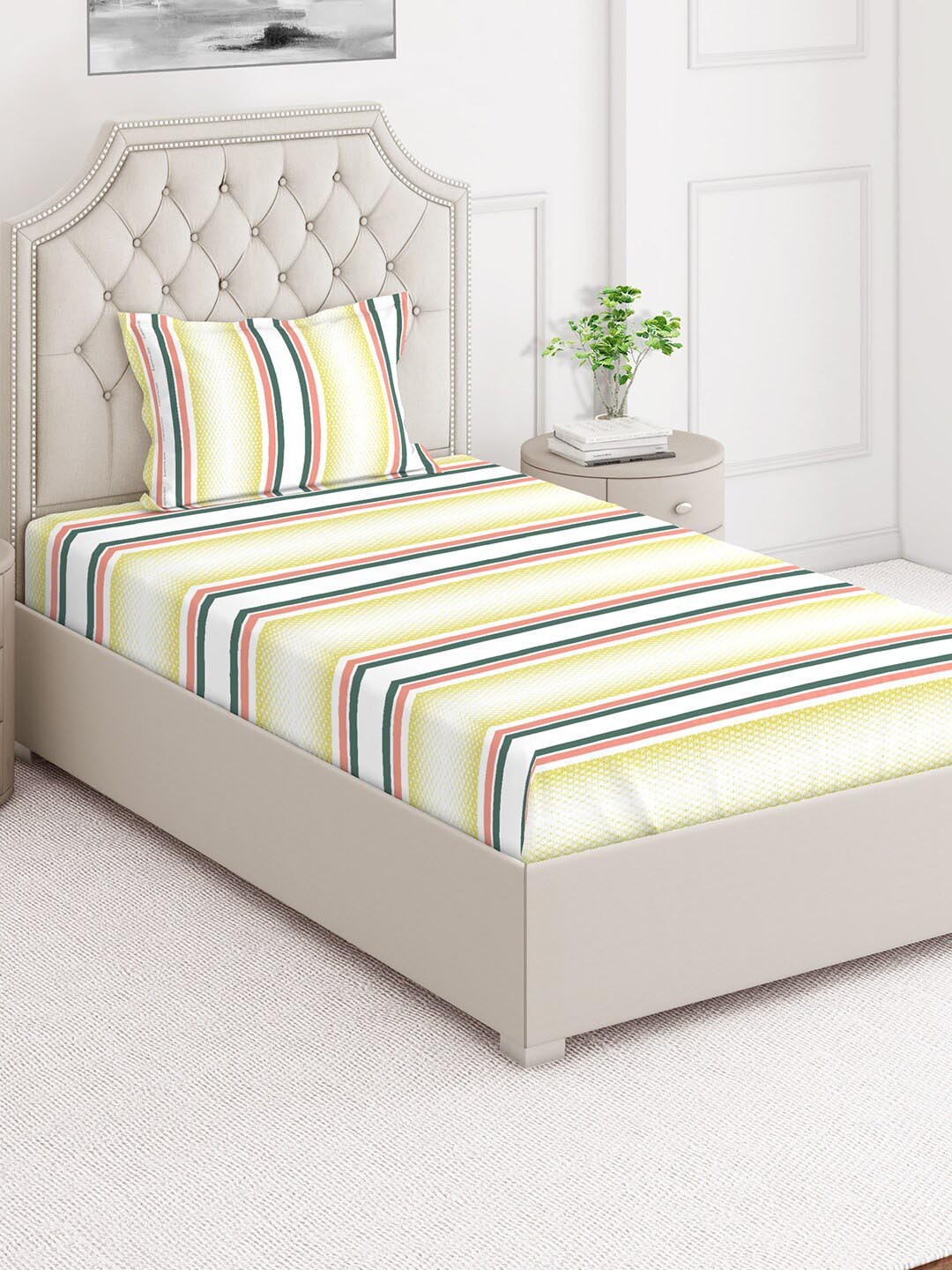 

Layers Duracount Yellow & White Striped 220 TC Single Bedsheet with Pillow Cover
