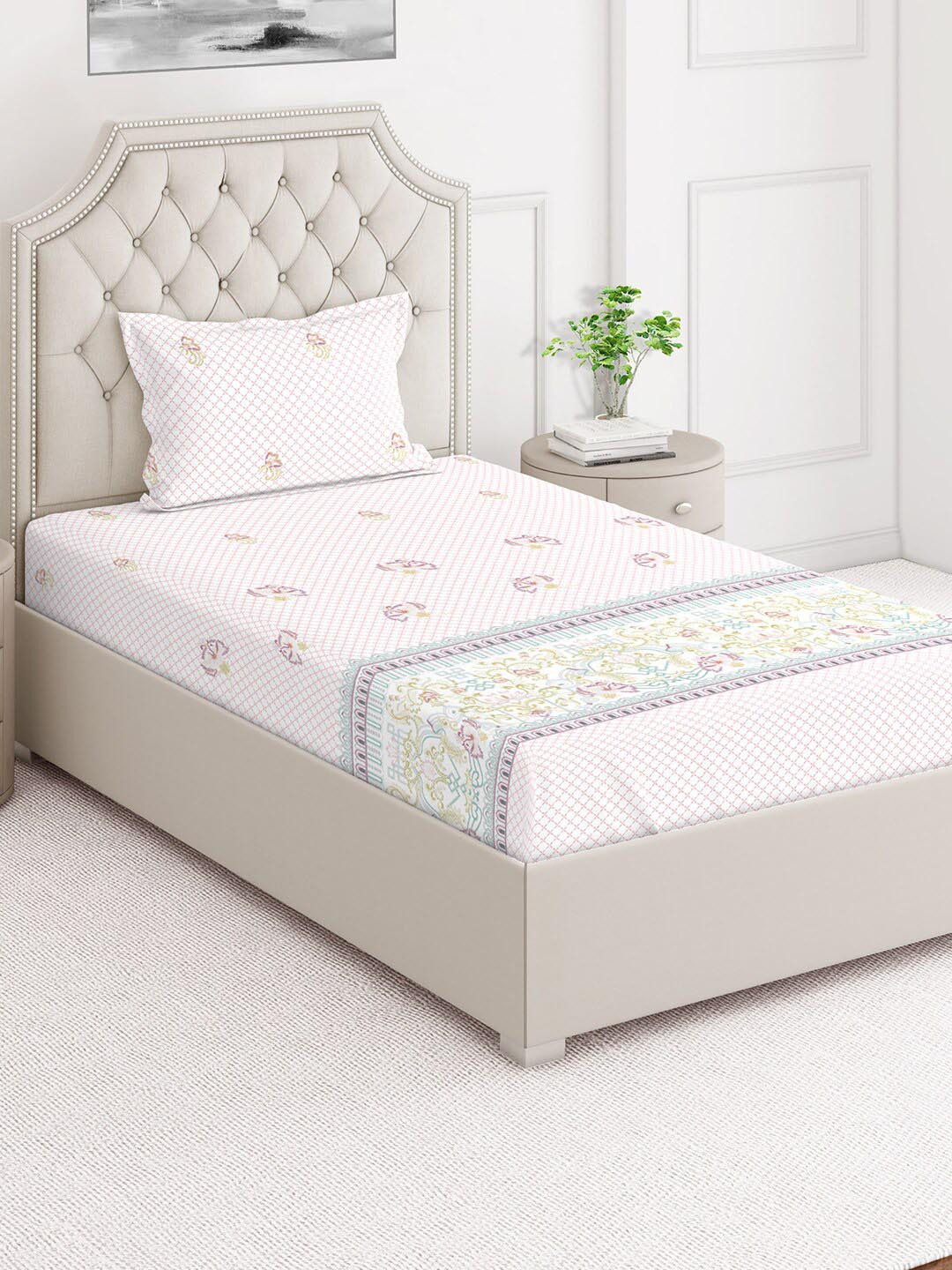 

Layers Duracount Pink & Green Floral Cotton 225 TC Single Bedsheet with a Pillow Cover