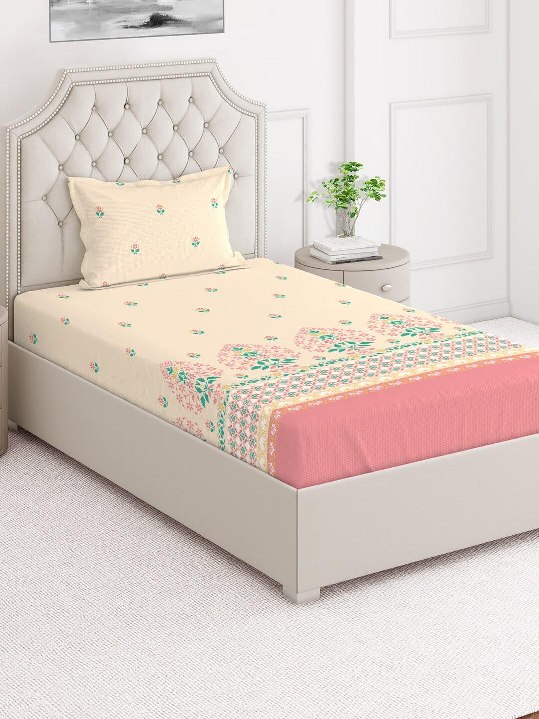 

Layers Duracount Beige & Pink Floral 220 TC Single Bedsheet with Pillow Cover