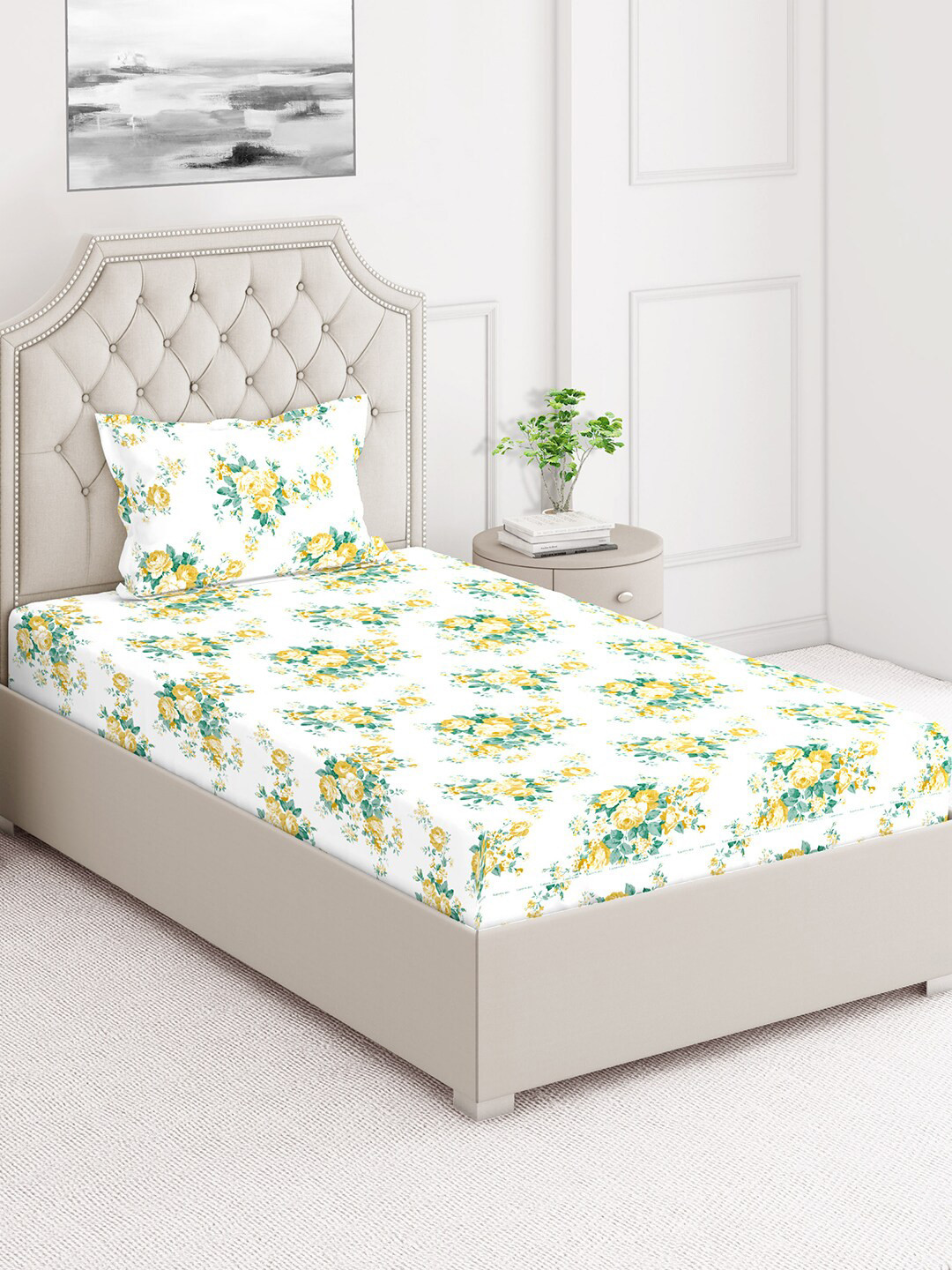 

Layers Firenze Yellow & White Floral 144 TC Cotton Single Bedsheet with 1 Pillow Cover