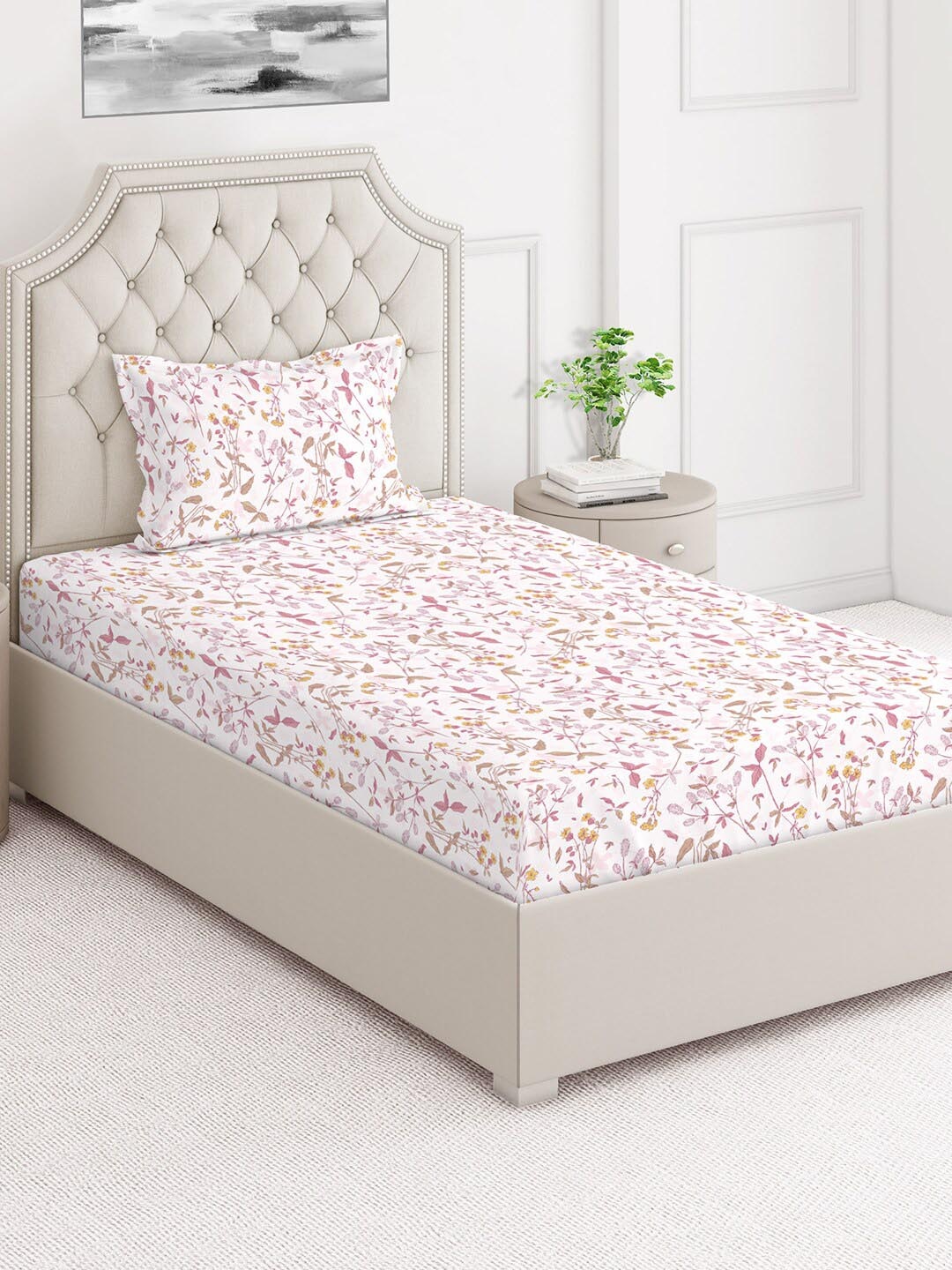

Layers Firenze White & Pink Floral 144 TC Single Bedsheet with Pillow Cover