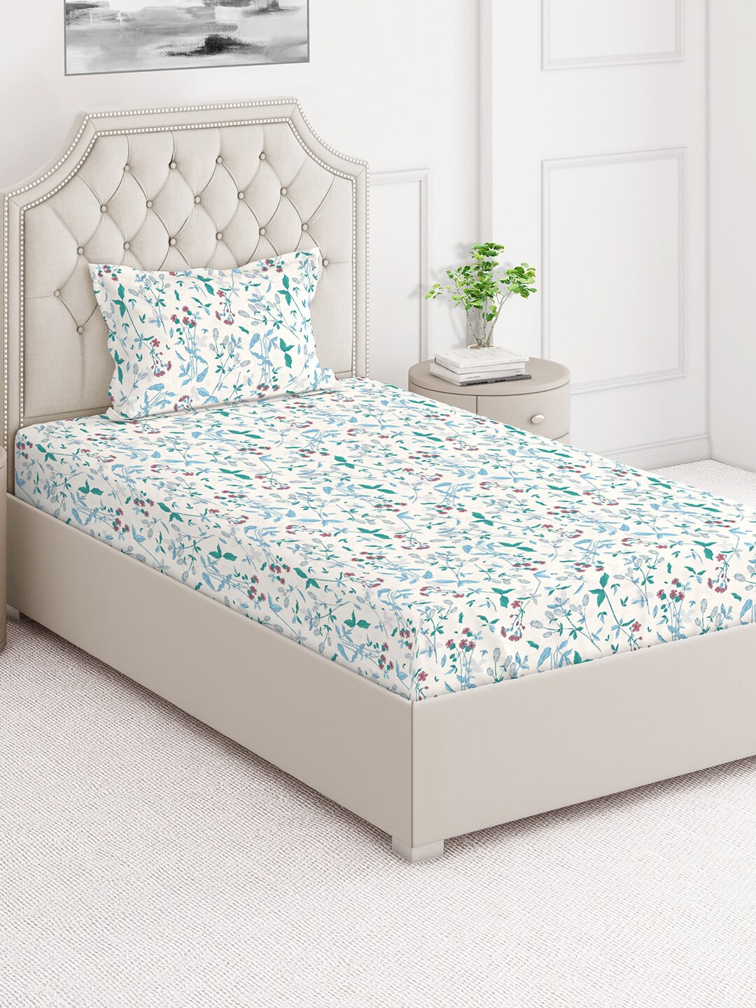 

Layers Firenze Blue & White Floral 144 TC Cotton Single Bedsheet with 1 Pillow Cover