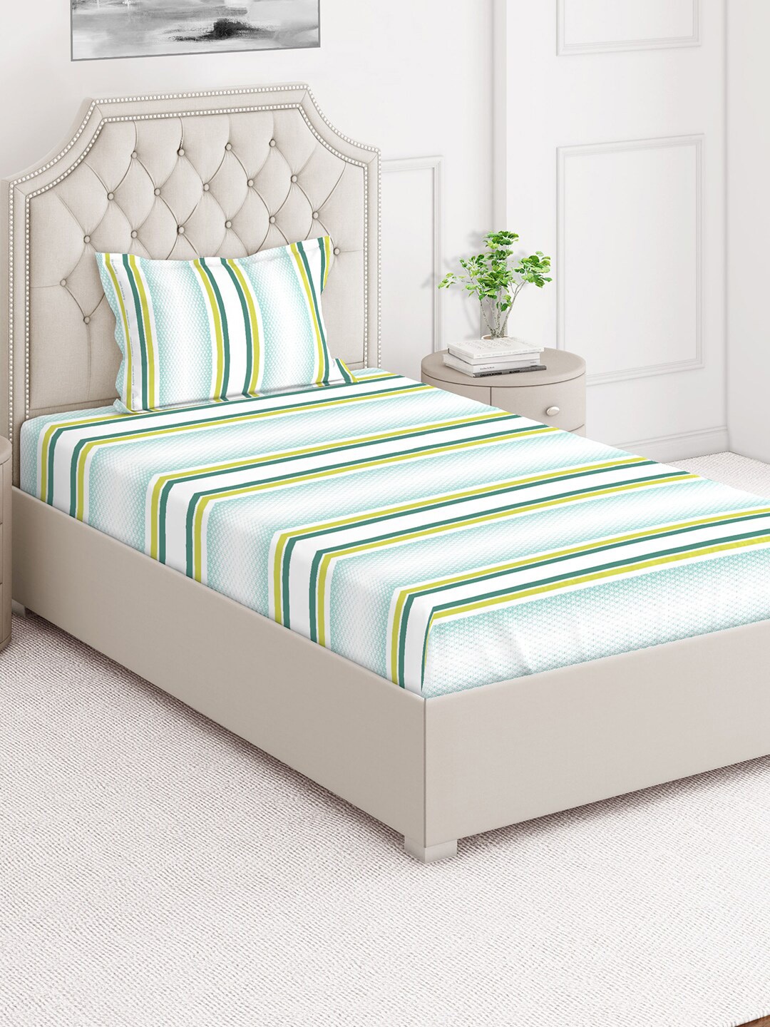 

Layers Duracount Green & White Striped Cotton 225 TC Single Bedsheet with a Pillow Cover